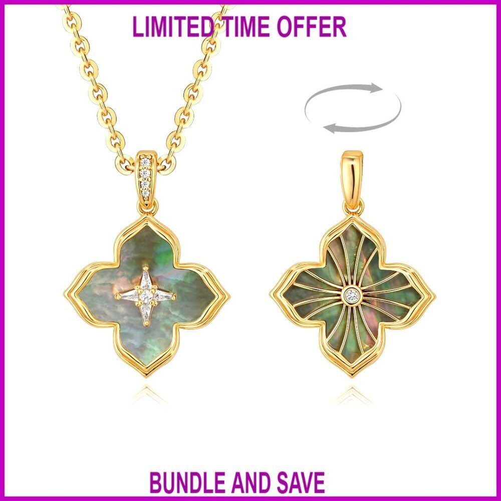 Double-Sided Clover Pendant Necklace 14K Gold Plated Chain 18" Length